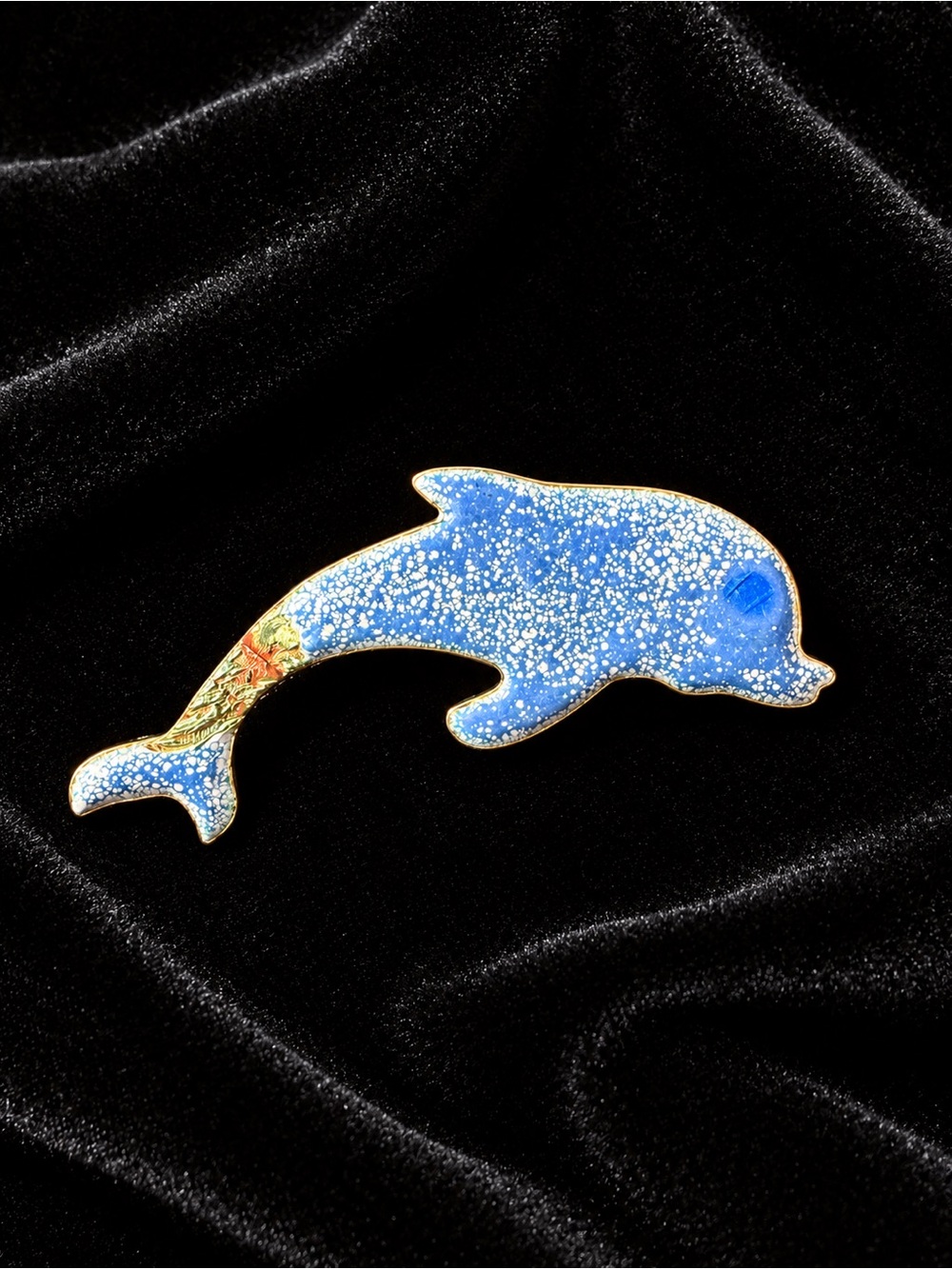 Enameled Copper Dolphin Brooch in Blue and White